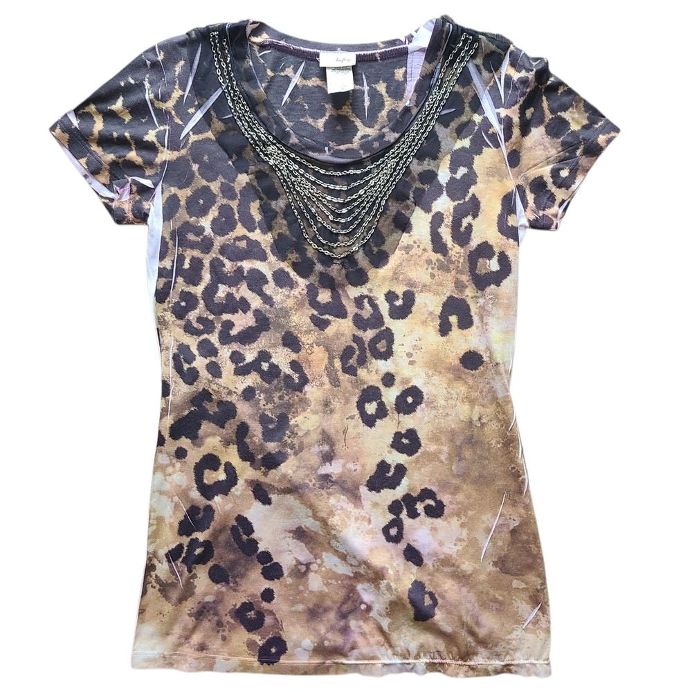 Daytrip by Buckle Leopard Print Tee Medium Chain Necklace Glam Rock Top - Picture 2 of 8